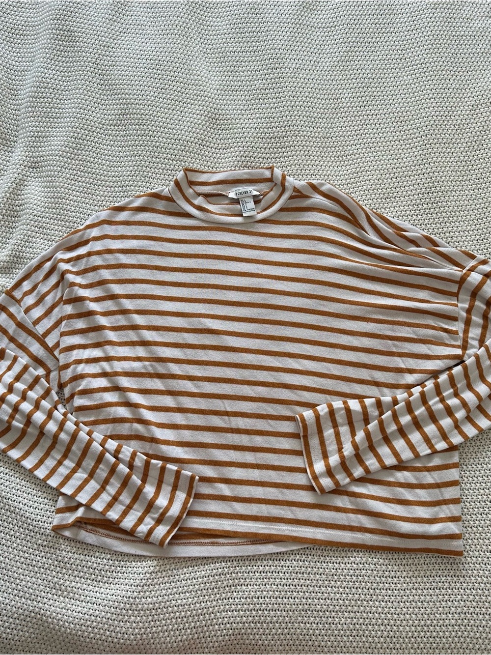 Striped Long Sleeve Mock Neck Tee in White & Camel